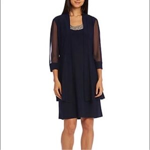 R & M COLLECTION Navy 2Piece Dress Embellished Illusion Details Plus 14, 16W NWT
